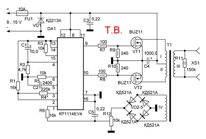 Более удачная схема двухтактного преобразователя с полевыми транзисторами